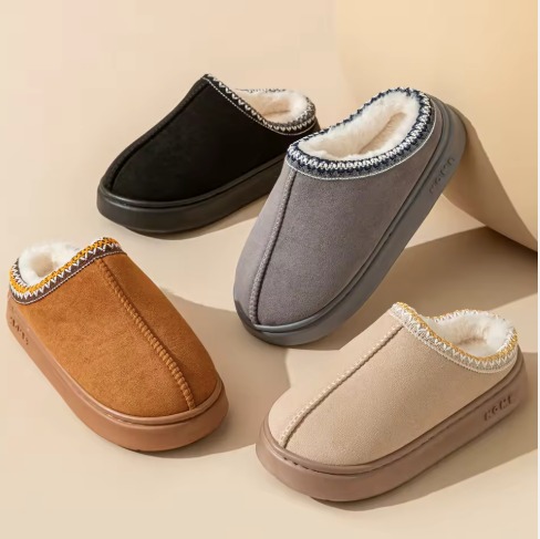 Femme Homme Chausson en Daim Suède Cuir Véritable Pantoufles Hiver Chaud Doublure en Feutre Confortable Imperméable Antidérapante